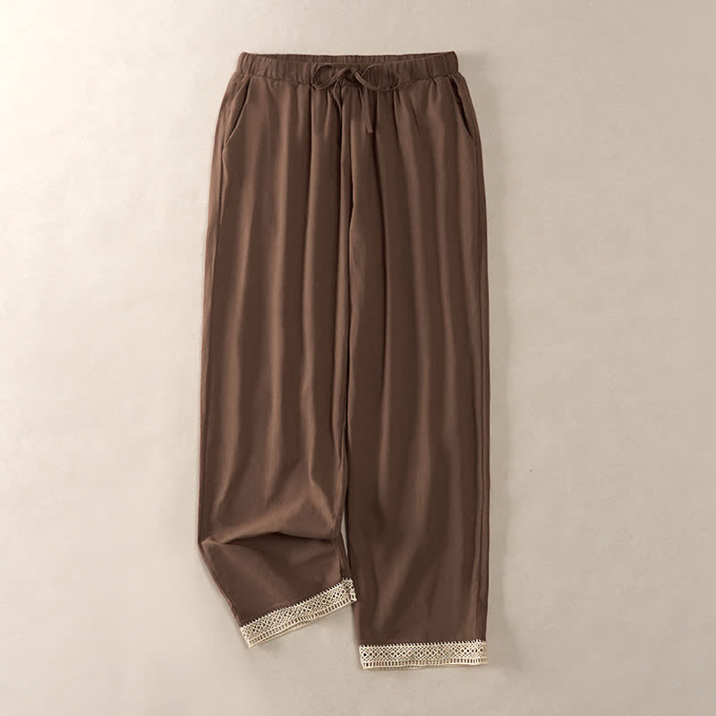 Buddha Stones Sommerliche, einfarbige Damenhose mit schmal zulaufendem Bein und Taschen, verziert mit Spitzensaum am Saum - Sattelbraun - US14, UK/AU18, EU46 (2XL) - image 0