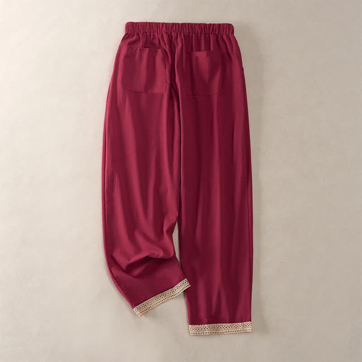 Buddha Stones Sommerliche, einfarbige Damenhose mit schmal zulaufendem Bein und Taschen, verziert mit Spitzensaum am Saum - image 22