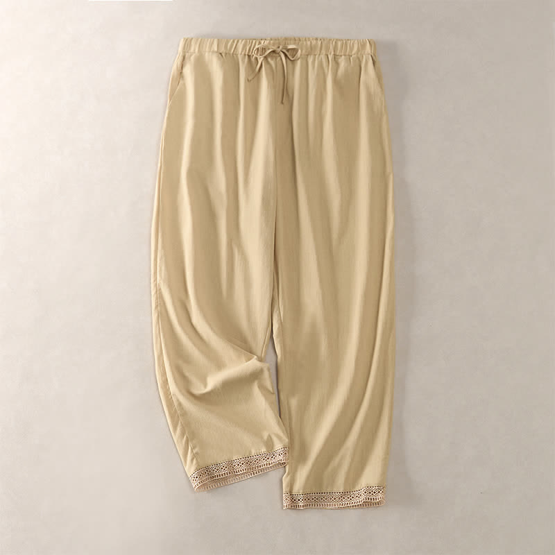 Buddha Stones Sommerliche, einfarbige Damenhose mit schmal zulaufendem Bein und Taschen, verziert mit Spitzensaum am Saum - Blassgoldenrode - US14, UK/AU18, EU46 (2XL) - image 34