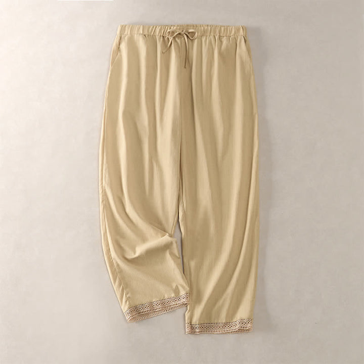 Buddha Stones Sommerliche, einfarbige Damenhose mit schmal zulaufendem Bein und Taschen, verziert mit Spitzensaum am Saum - Blassgoldenrode - US14, UK/AU18, EU46 (2XL) - image 34