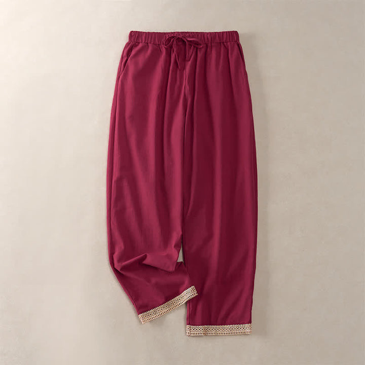 Buddha Stones Sommerliche, einfarbige Damenhose mit schmal zulaufendem Bein und Taschen, verziert mit Spitzensaum am Saum - Purpurrot - US14, UK/AU18, EU46 (2XL) - image 21