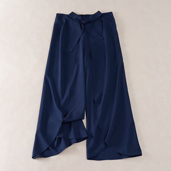 Buddha Stones Elegante, schlichte Damenhose mit hohem Bund, weitem Bein, Seitenschlitz, Kordelzug und Schleifendesign, hohem Bund und weitem Bein. - Mitternachtsblau - US16, UK/AU20, EU48 (3XL) - image 10