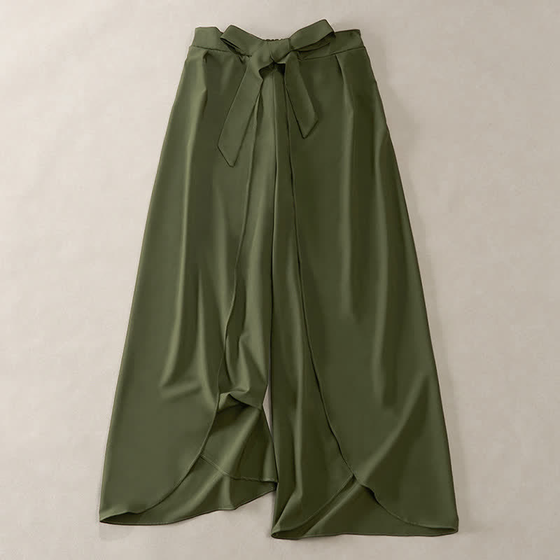 Buddha Stones Elegante, schlichte Damenhose mit hohem Bund, weitem Bein, Seitenschlitz, Kordelzug und Schleifendesign, hohem Bund und weitem Bein. - Dunkelolivgrün - US16, UK/AU20, EU48 (3XL) - image 0