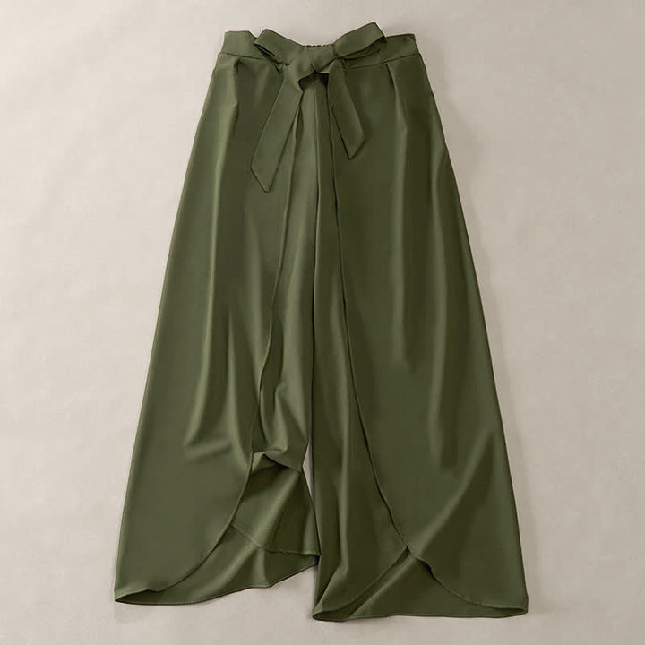 Buddha Stones Elegante, schlichte Damenhose mit hohem Bund, weitem Bein, Seitenschlitz, Kordelzug und Schleifendesign, hohem Bund und weitem Bein. - Dunkelolivgrün - US16, UK/AU20, EU48 (3XL) - image 0