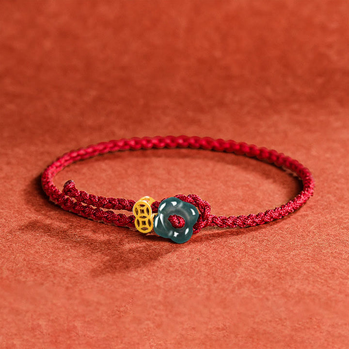 Buddha Stones Jade-Blumen-Glücks-Kupfermünze-Rotes-Schnur-Armband - Jade (Handgelenkumfang: 13-19 cm) - image 0