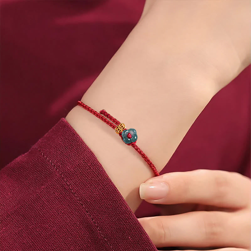 Buddha Stones Jade-Blumen-Glücks-Kupfermünze-Rotes-Schnur-Armband - image 4