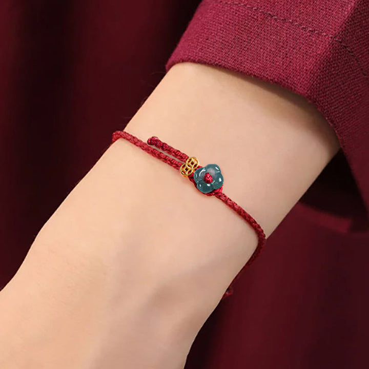 Buddha Stones Jade-Blumen-Glücks-Kupfermünze-Rotes-Schnur-Armband - image 8