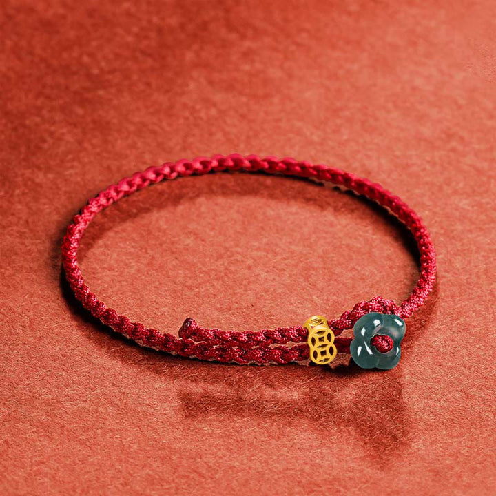 Buddha Stones Jade-Blumen-Glücks-Kupfermünze-Rotes-Schnur-Armband - image 2