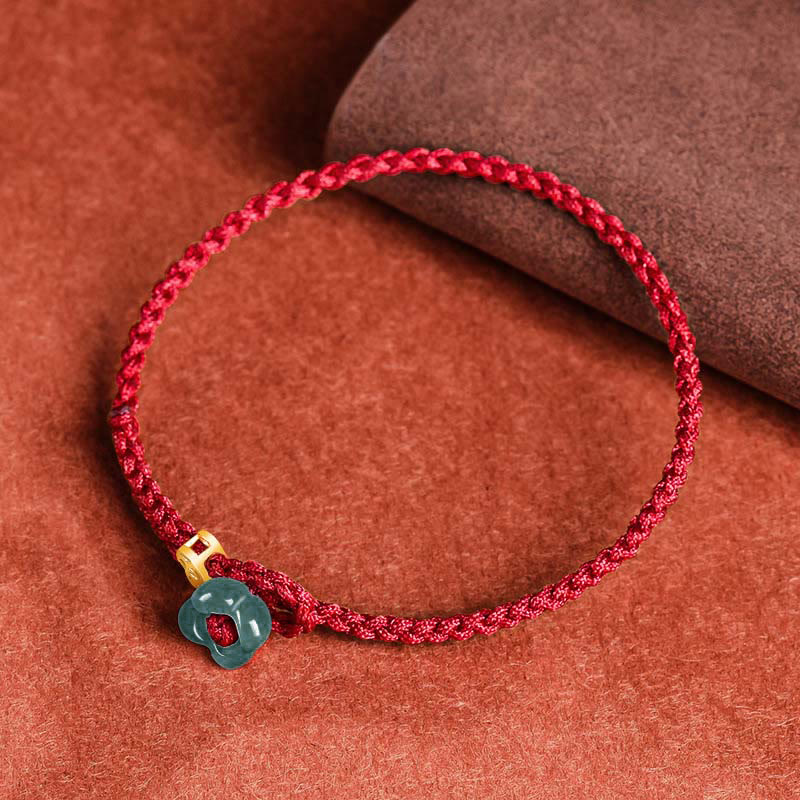 Buddha Stones Jade-Blumen-Glücks-Kupfermünze-Rotes-Schnur-Armband - image 1