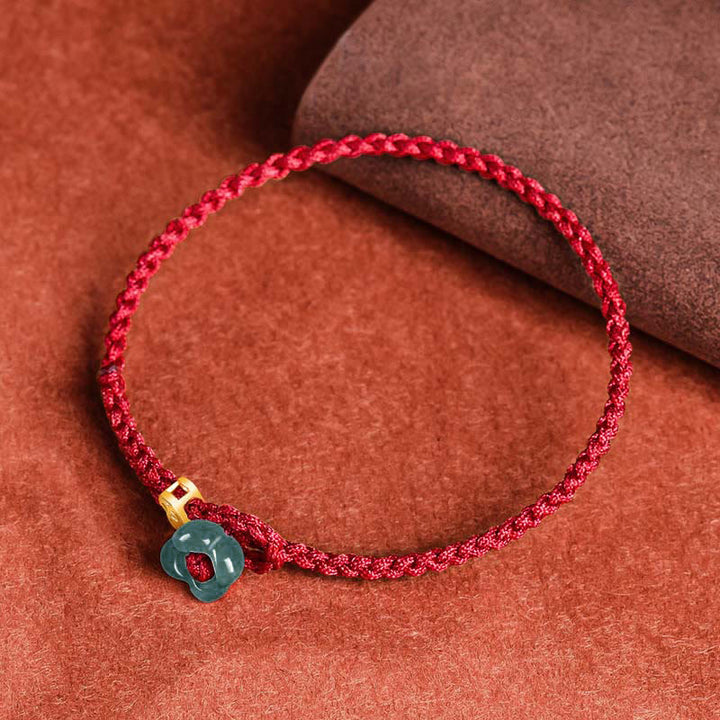 Buddha Stones Jade-Blumen-Glücks-Kupfermünze-Rotes-Schnur-Armband - image 1