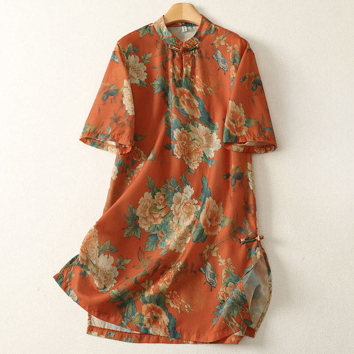 Buddha Stones Minikleid mit Stehkragen, Froschknopfleiste, Blumenmuster und kurzen Ärmeln - Orangerot - US12, UK/AU16, EU44 (2XL) - image 8