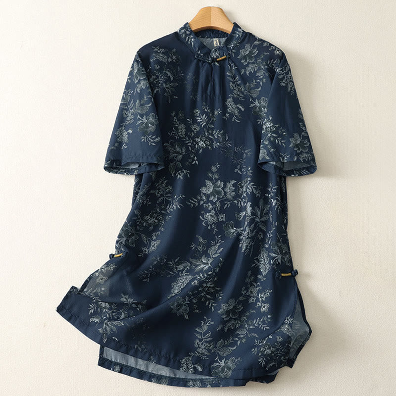 Buddha Stones Minikleid mit Stehkragen, Froschknopfleiste, Blumenmuster und kurzen Ärmeln - Mitternachtsblau - US12, UK/AU16, EU44 (2XL) - image 0
