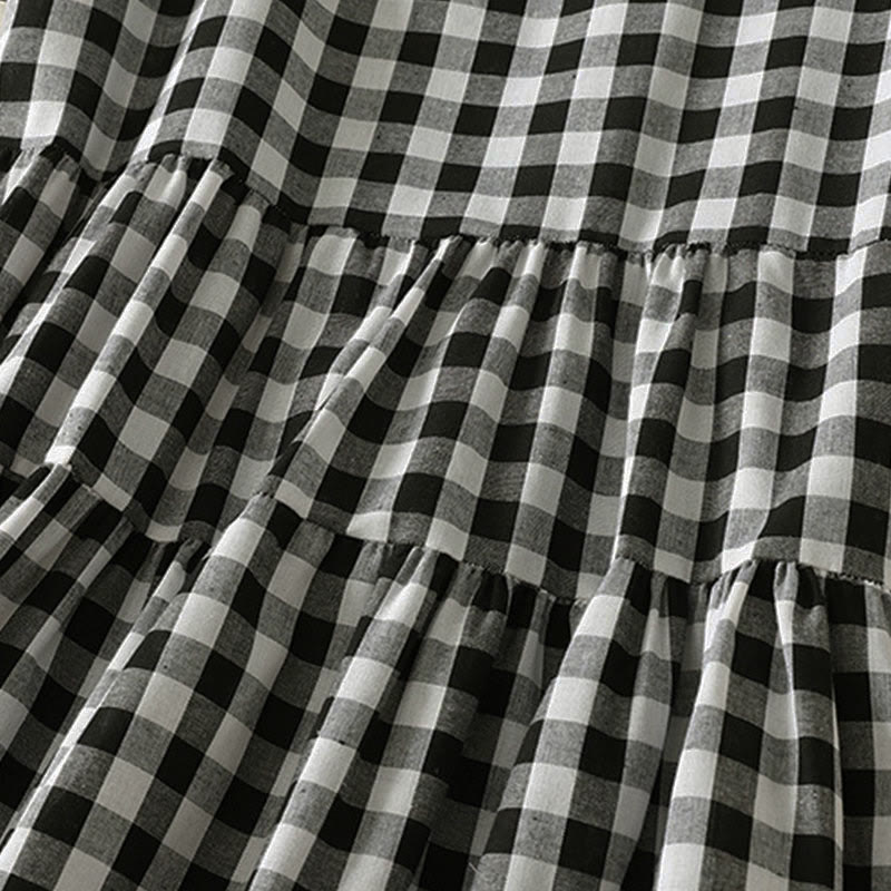 Buddha Stones Lässiges Sommerkleid aus kariertem Baumwollstoff mit V-Ausschnitt und kurzen Ärmeln - image 5