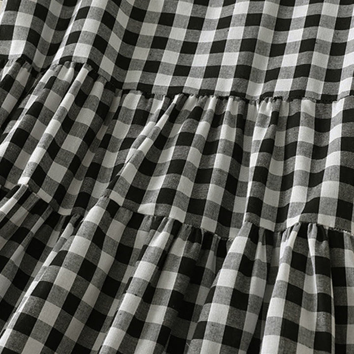 Buddha Stones Lässiges Sommerkleid aus kariertem Baumwollstoff mit V-Ausschnitt und kurzen Ärmeln - image 5