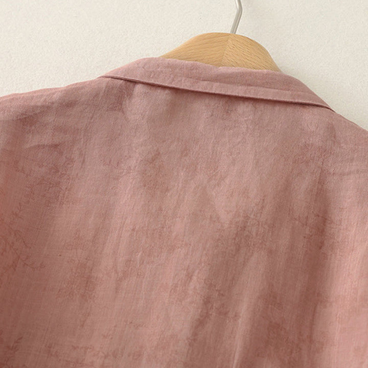 Buddha Stones Stehkragen, Stickerei, Knopfleiste, Dreiviertelärmel, Sommerbluse für Damen - image 9