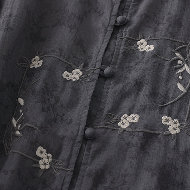 Buddha Stones Stehkragen, Stickerei, Knopfleiste, Dreiviertelärmel, Sommerbluse für Damen - image 2