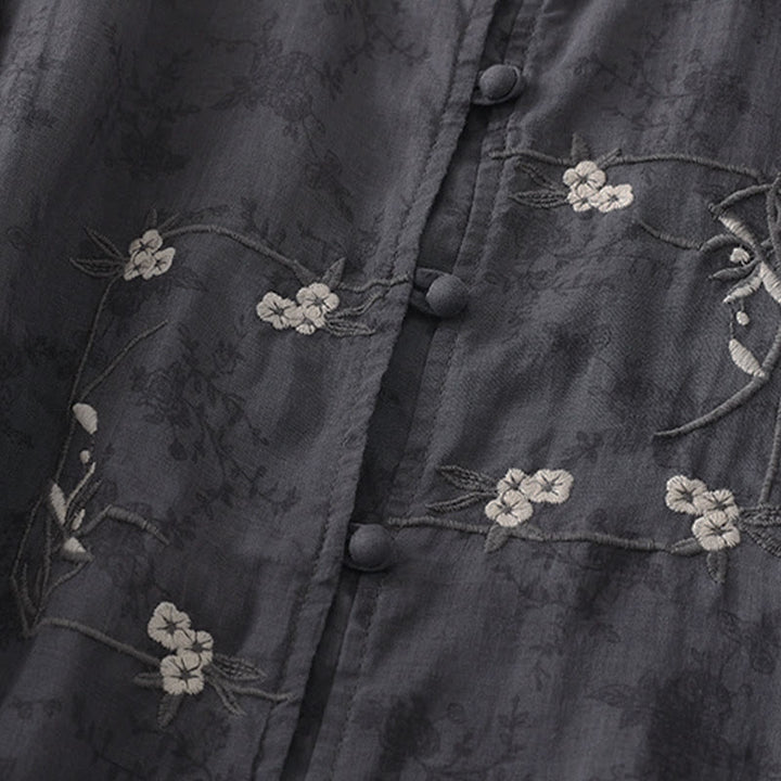 Buddha Stones Stehkragen, Stickerei, Knopfleiste, Dreiviertelärmel, Sommerbluse für Damen - image 2