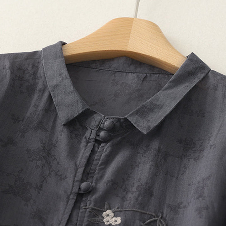 Buddha Stones Stehkragen, Stickerei, Knopfleiste, Dreiviertelärmel, Sommerbluse für Damen - image 1