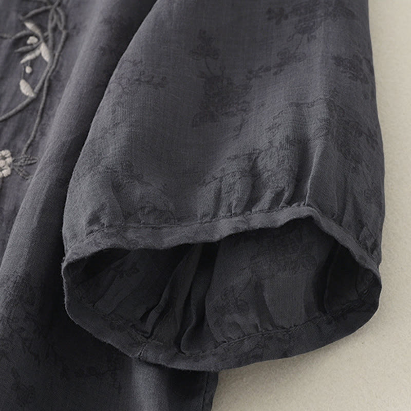 Buddha Stones Stehkragen, Stickerei, Knopfleiste, Dreiviertelärmel, Sommerbluse für Damen - image 3