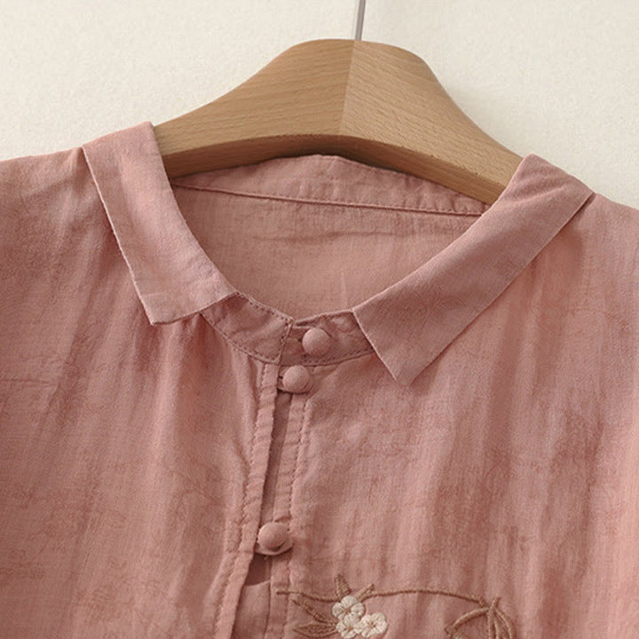 Buddha Stones Stehkragen, Stickerei, Knopfleiste, Dreiviertelärmel, Sommerbluse für Damen - image 7