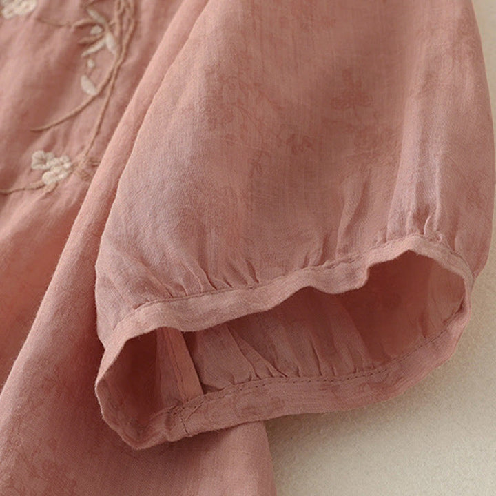 Buddha Stones Stehkragen, Stickerei, Knopfleiste, Dreiviertelärmel, Sommerbluse für Damen - image 10