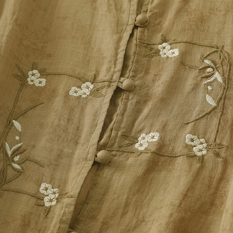 Buddha Stones Stehkragen, Stickerei, Knopfleiste, Dreiviertelärmel, Sommerbluse für Damen - image 16