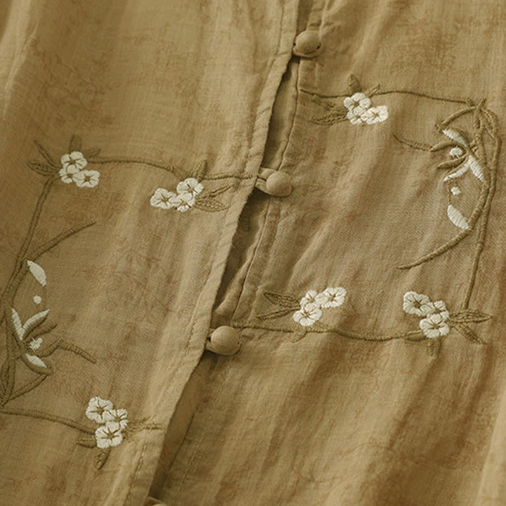 Buddha Stones Stehkragen, Stickerei, Knopfleiste, Dreiviertelärmel, Sommerbluse für Damen - image 16