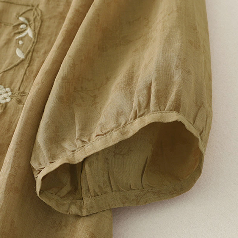 Buddha Stones Stehkragen, Stickerei, Knopfleiste, Dreiviertelärmel, Sommerbluse für Damen - image 17