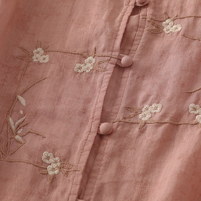 Buddha Stones Stehkragen, Stickerei, Knopfleiste, Dreiviertelärmel, Sommerbluse für Damen - image 8