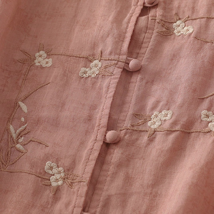 Buddha Stones Stehkragen, Stickerei, Knopfleiste, Dreiviertelärmel, Sommerbluse für Damen - image 8