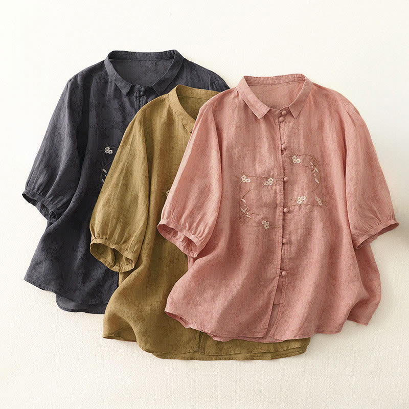 Buddha Stones Stehkragen, Stickerei, Knopfleiste, Dreiviertelärmel, Sommerbluse für Damen - image 19