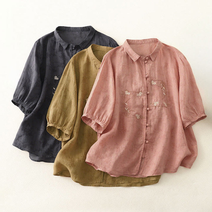 Buddha Stones Stehkragen, Stickerei, Knopfleiste, Dreiviertelärmel, Sommerbluse für Damen - image 19