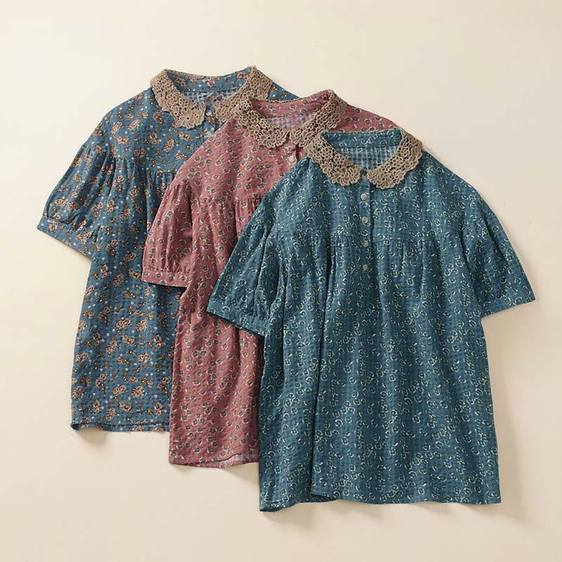 Buddha Stones Damen-Baumwollbluse mit halben Ärmeln und Knopfleiste vorne, Blumenmuster und Blumenprint. - image 12