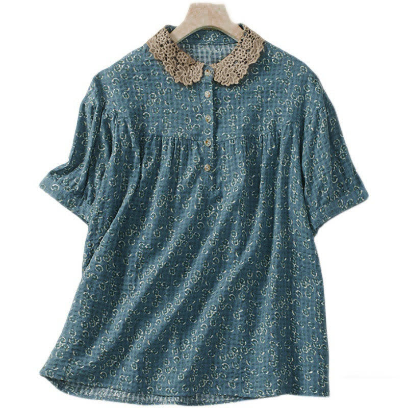 Buddha Stones Damen-Baumwollbluse mit halben Ärmeln und Knopfleiste vorne, Blumenmuster und Blumenprint. - image 3
