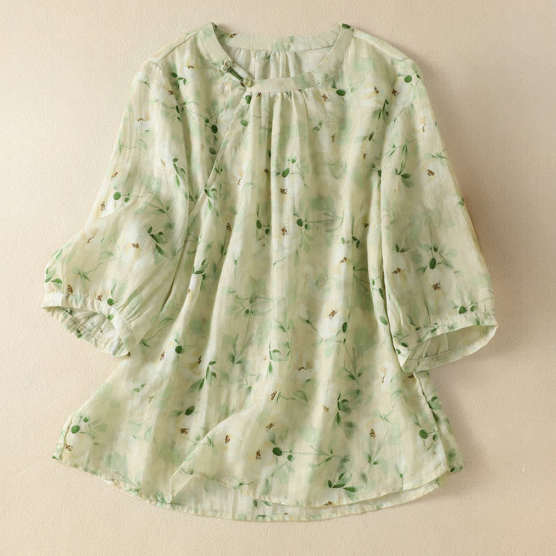 Buddha Stones Lässige Bluse mit Rundhalsausschnitt, Froschknopfleiste und Blumenmuster, halblange Ärmel, Damenbluse - Beige - US 8-10, UK/AU 12-14, EU 40-42 (2XL) - image 0