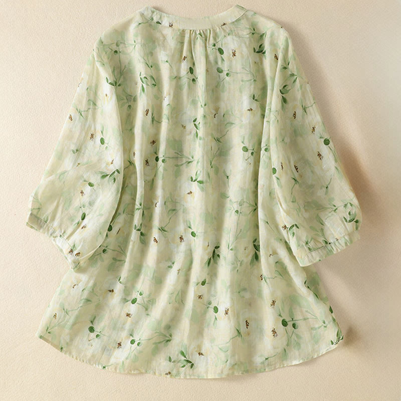 Buddha Stones Lässige Bluse mit Rundhalsausschnitt, Froschknopfleiste und Blumenmuster, halblange Ärmel, Damenbluse - image 1