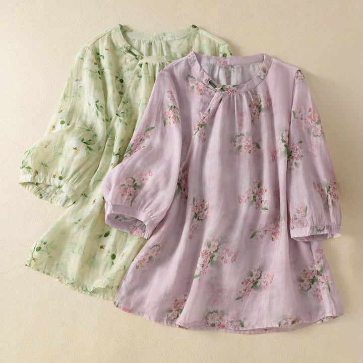 Buddha Stones Lässige Bluse mit Rundhalsausschnitt, Froschknopfleiste und Blumenmuster, halblange Ärmel, Damenbluse - image 15