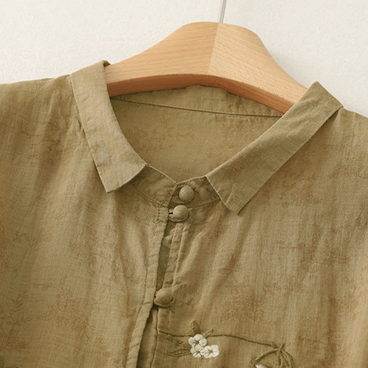 Buddha Stones Stehkragen, Stickerei, Knopfleiste, Dreiviertelärmel, Sommerbluse für Damen - image 15