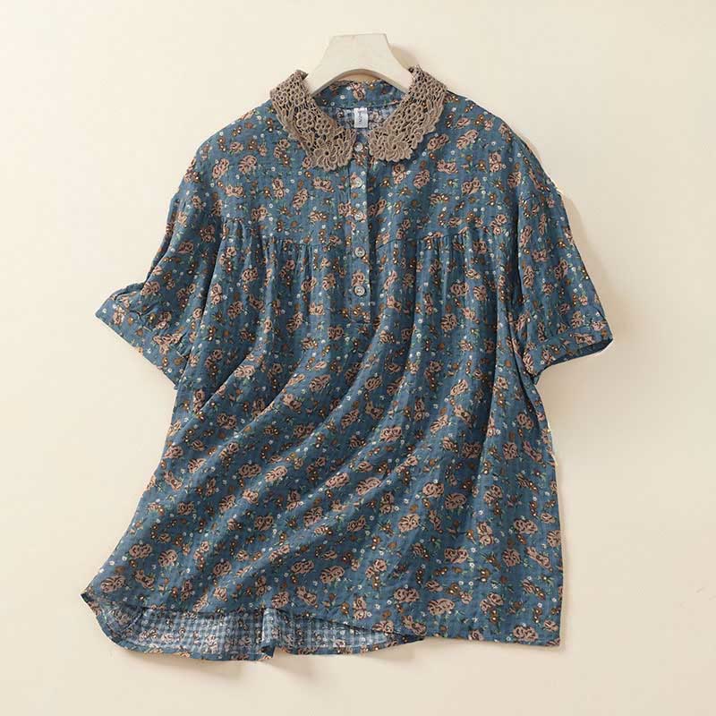 Buddha Stones Damen-Baumwollbluse mit halben Ärmeln und Knopfleiste vorne, Blumenmuster und Blumenprint. - Kadettenblau - US8-10, UK/AU12-14, EU40-42 (2XL) - image 0