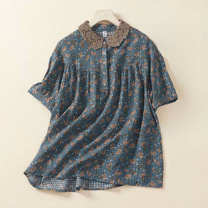 Buddha Stones Damen-Baumwollbluse mit halben Ärmeln und Knopfleiste vorne, Blumenmuster und Blumenprint. - Kadettenblau - US8-10, UK/AU12-14, EU40-42 (2XL) - image 0