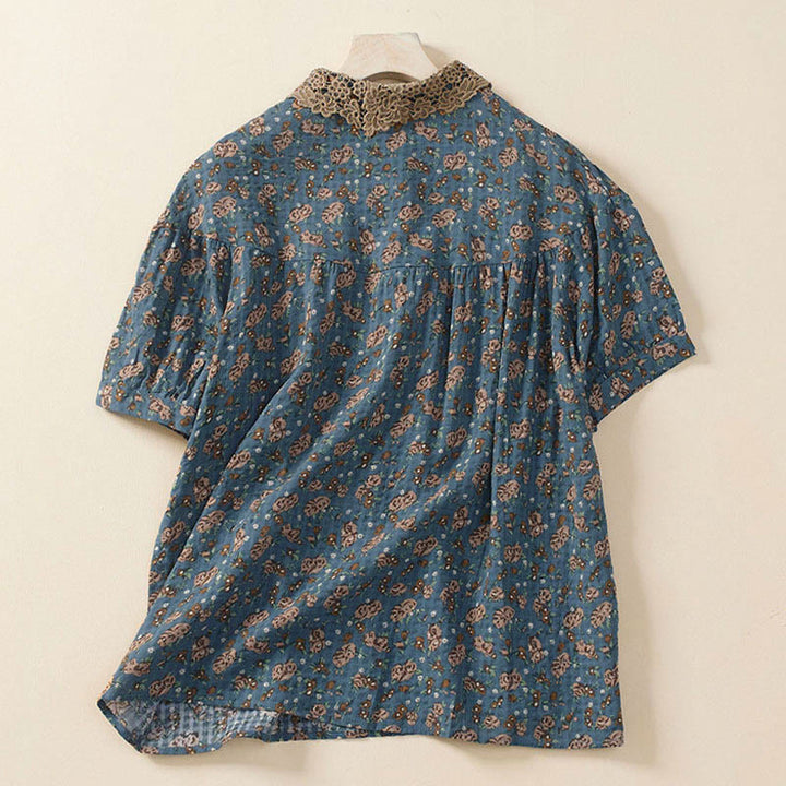 Buddha Stones Damen-Baumwollbluse mit halben Ärmeln und Knopfleiste vorne, Blumenmuster und Blumenprint. - image 1