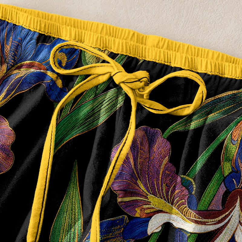 Buddha Stones Bunte Baumwollhose mit Irisblumenmuster, elastischem Bund, Kordelzug und Taschen - image 1