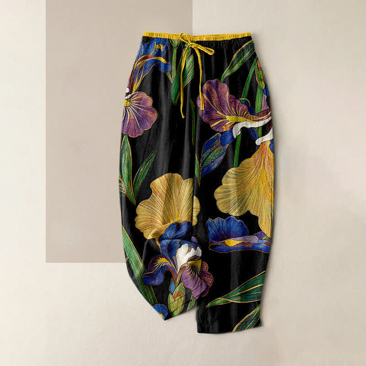 Buddha Stones Bunte Baumwollhose mit Irisblumenmuster, elastischem Bund, Kordelzug und Taschen - Schwarz - US16, UK/AU20, EU48 (3XL) - image 0