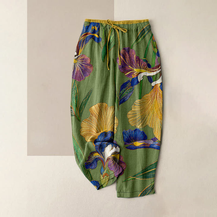 Buddha Stones Bunte Baumwollhose mit Irisblumenmuster, elastischem Bund, Kordelzug und Taschen - Olivgrün - US16, UK/AU20, EU48 (3XL) - image 4
