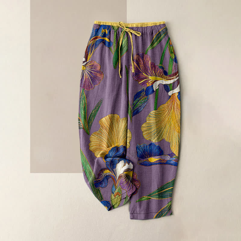 Buddha Stones Bunte Baumwollhose mit Irisblumenmuster, elastischem Bund, Kordelzug und Taschen - Mittelgroße Orchidee - US16, UK/AU20, EU48 (3XL) - image 5