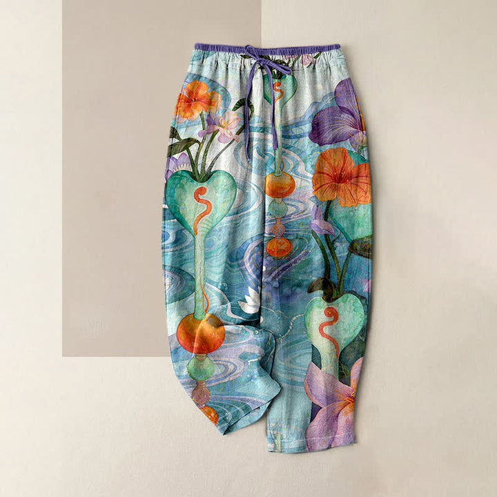 Buddha Stones Damen-Baumwollhose mit Blumenmuster, Kordelzug, elastischem Bund und Taschen - Mitteltürkis - US16, UK/AU20, EU48 (3XL) - image 0