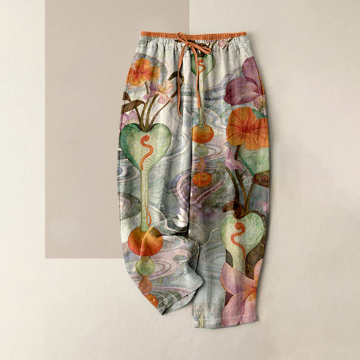 Buddha Stones Damen-Baumwollhose mit Blumenmuster, Kordelzug, elastischem Bund und Taschen - Dunkelseegrün - US16, UK/AU20, EU48 (3XL) - image 3