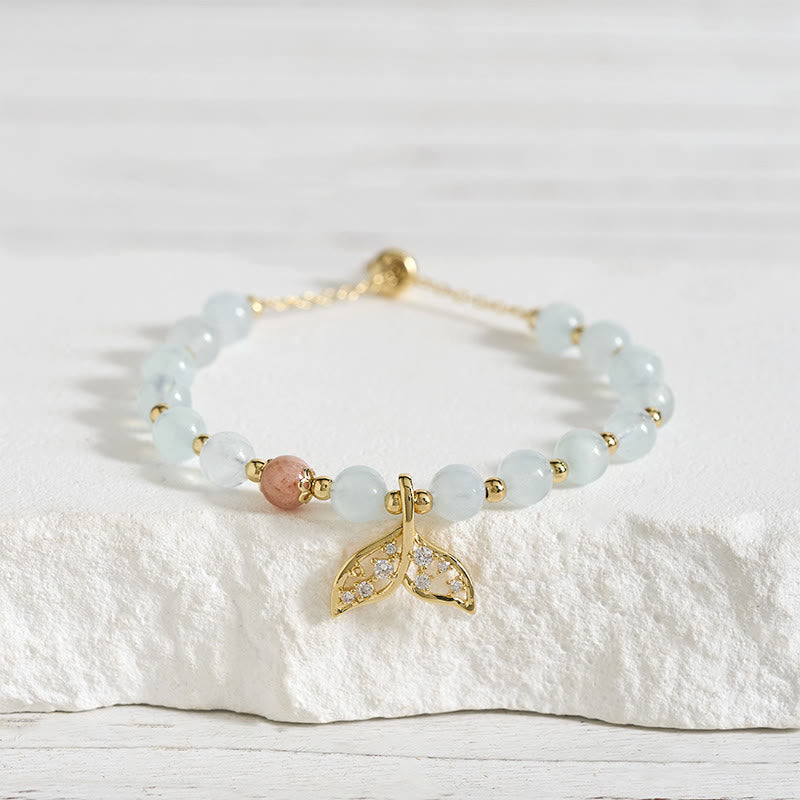 Buddha Stones Armband aus natürlichem Aquamarin und vergoldetem Kupfer mit Fischschwanzmotiv - image 2