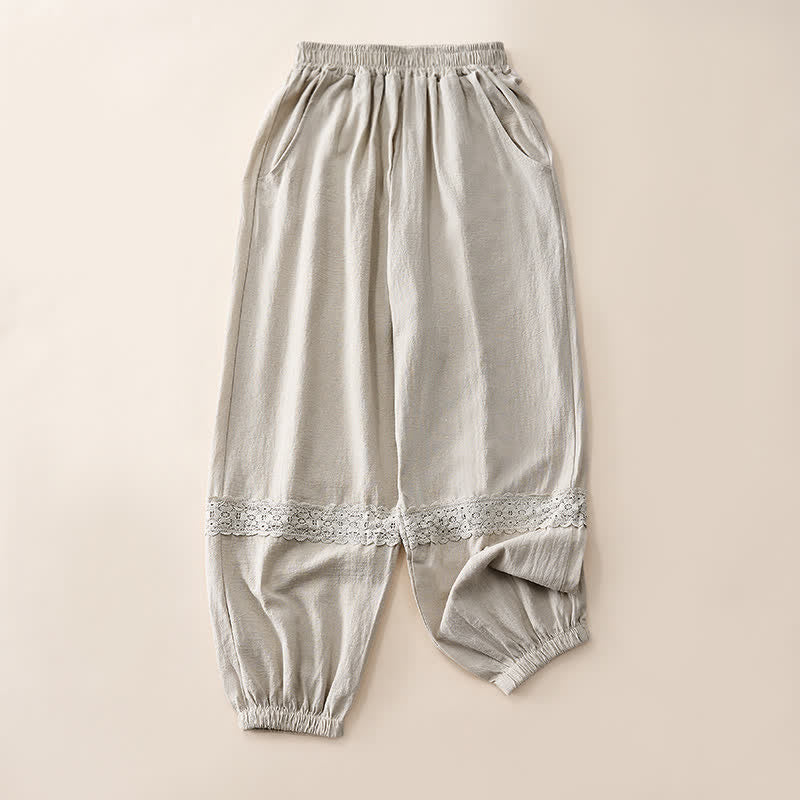 Buddha Stones Sommerliche Retro-Caprihose mit Spitzen-Patchwork-Design, hohem Bund und Taschen - Leinen - US12, UK/AU16, EU44 (3XL) - image 0