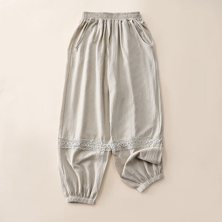 Buddha Stones Sommerliche Retro-Caprihose mit Spitzen-Patchwork-Design, hohem Bund und Taschen - Leinen - US12, UK/AU16, EU44 (3XL) - image 0